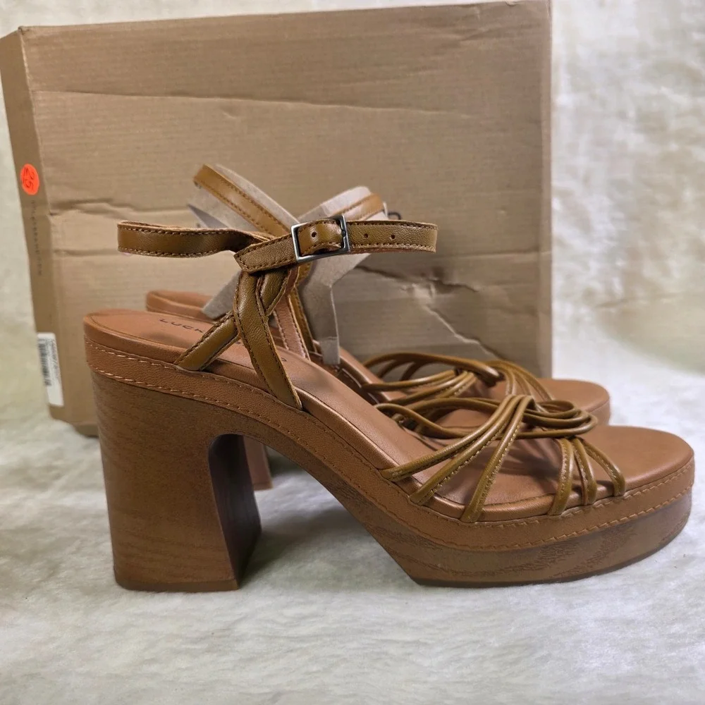 Lucky Brand Platform Sandals Brown Leather Strappy Block Heel Women 11 New